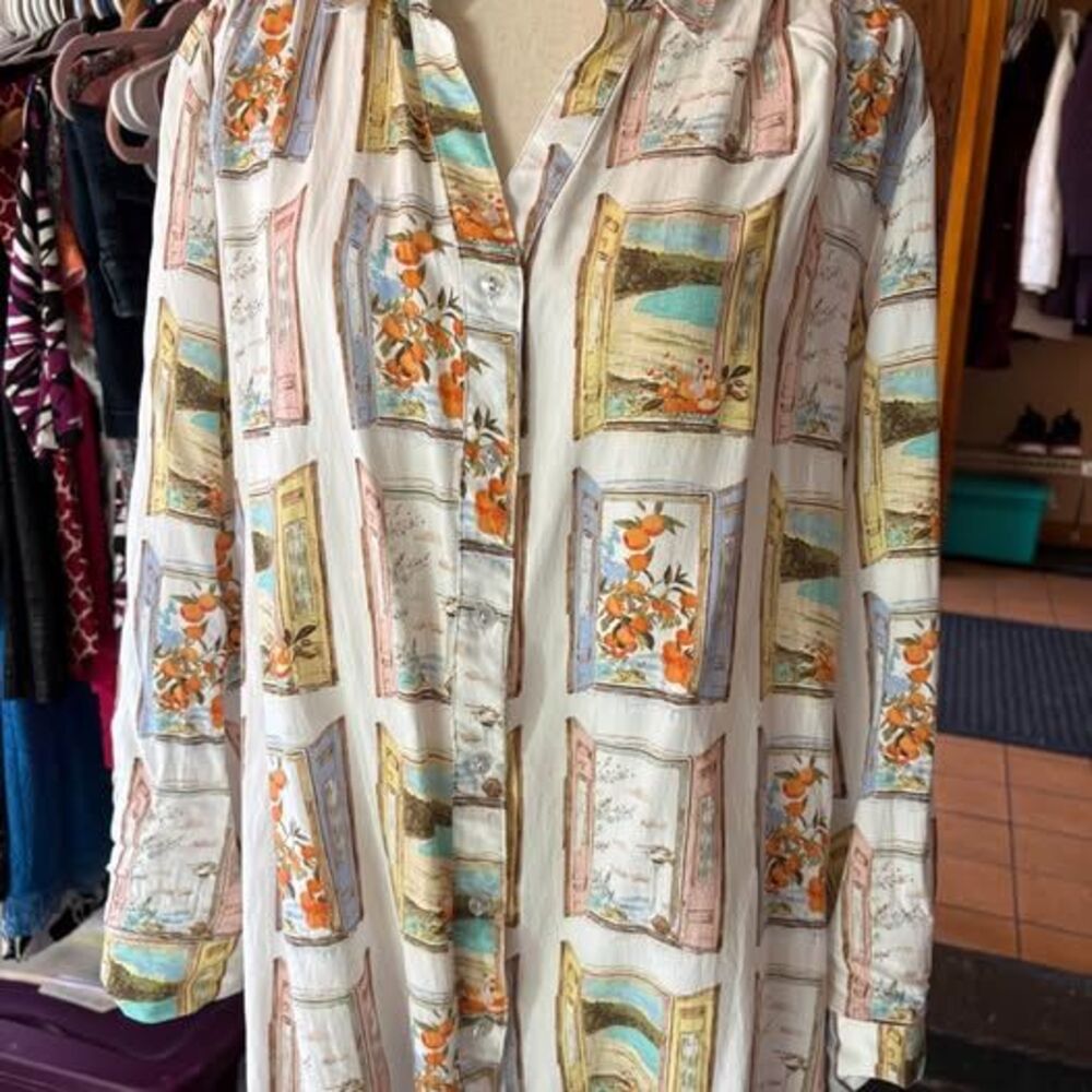 Long Sleeve Button-Down Shirt with Window and Orange Print